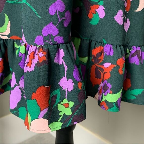 Kate Spade Fleur Nouveau dark green floral smocked ruffle mini dress size 0 - Picture 7 of 17